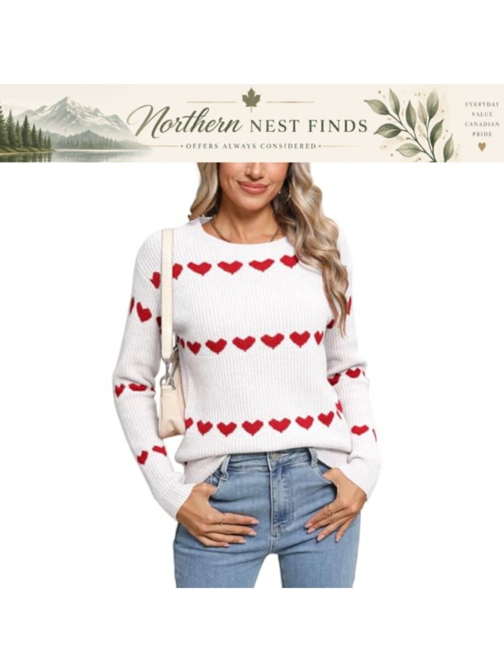 Womens Heart Knit Pullover Sweater Long Sleeve Crewneck Loose Casual